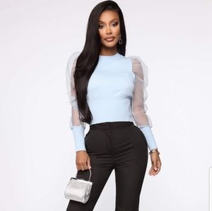 Fashion Nova Baby Blue Shirt Sheer Sleeves XL L